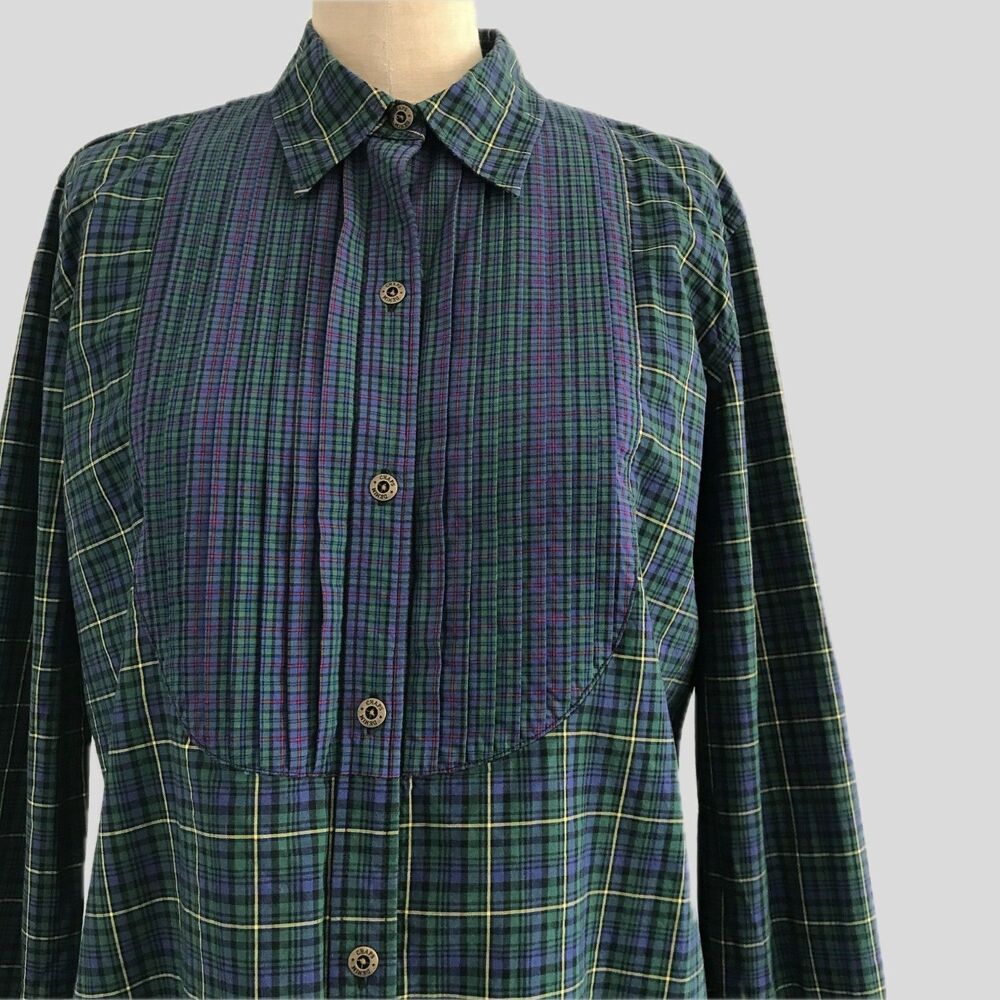 Chaps Green Blue Plaid Cotton Long Sleeve Preppy 100% Cotton Shirt Womens M